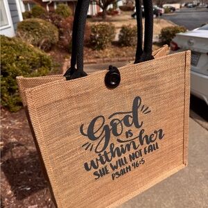 Custom Inspirational Burlap Tote Bag with Black Handles